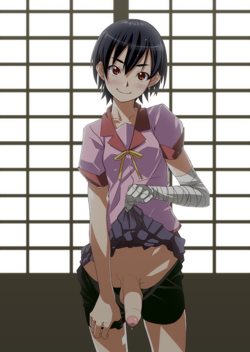 1futa 2010 2010s bakemonogatari balls bandage bandaged_arm bandaged_hand bandages big_penis black_bottomwear black_hair bottomwear_down bottomwear_pull breasts brown_eyes clothed clothing compression_shorts cum cum_drip edit erection_under_clothes flaccid foreskin futa_edit futa_only futanari futanari_edit head_tilt highres human kanbaru_suruga khexxi large_penis light-skinned_futanari light_skin looking_at_viewer love monogatari_(series) mostly_clothed partially_retracted_foreskin penis penis_out penis_under_skirt pleated_skirt presenting_penis ribbon school_uniform short_hair shorts shorts_pull skirt skirt_lift smile smooth_penis solo solo_futa standing strong_tomboy_(spectrum) tomboy uncircumcised uncut w1futa yada_ei