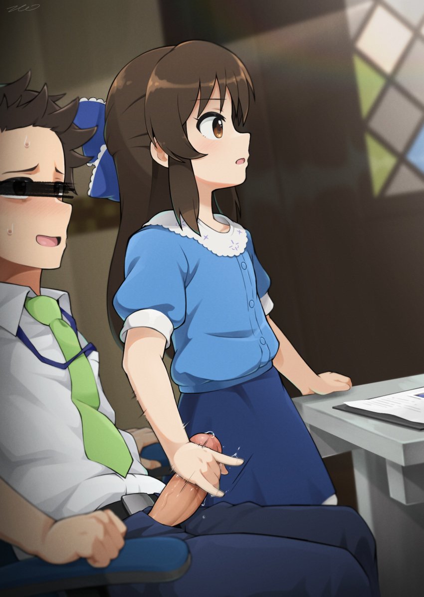 1boy bar_censor bow brown_eyes brown_hair censored female hairbow handjob highres idolmaster idolmaster_cinderella_girls idolmaster_cinderella_girls_u149 kim_da-yoon long_hair necktie penis philipposter producer_(idolmaster) producer_(idolmaster_cinderella_girls_u149) sidelocks straight tachibana_arisu