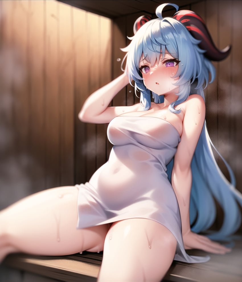 1girls ai_generated big_breasts blue_hair blush breasts ganyu_(genshin_impact) genshin_impact horn purple_eyes sauna stable_diffusion thighs towel towel_only unajyu