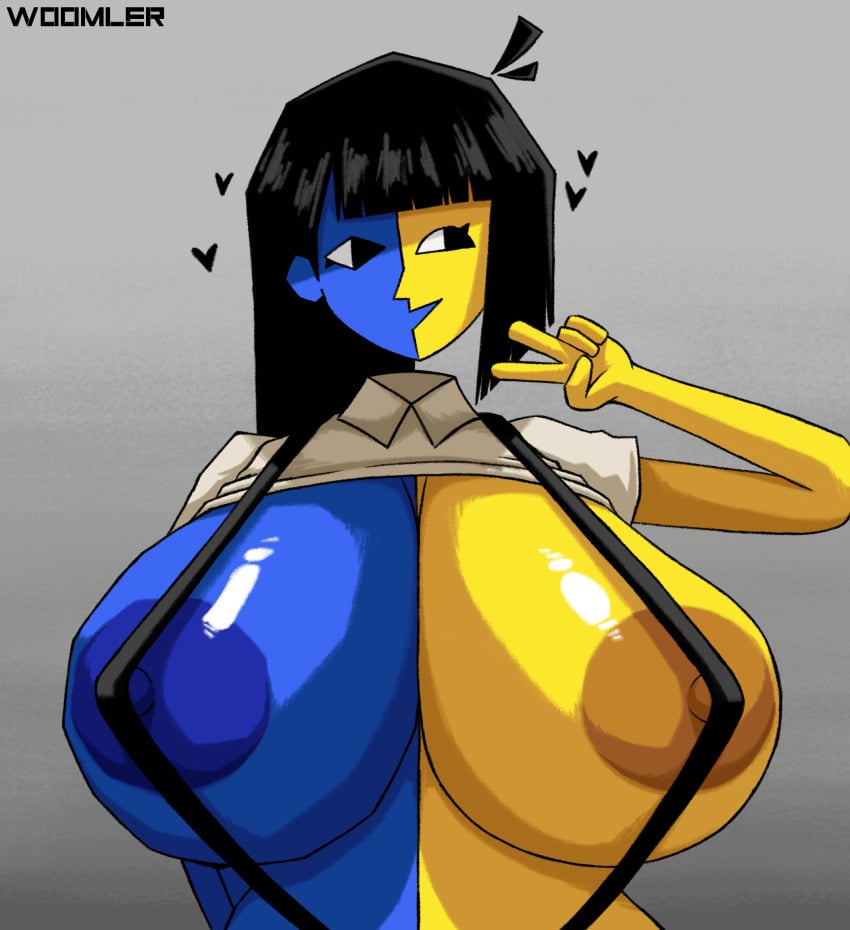 1girls 2023 anthro areolae artist_name bikini_top black_hair blue_body breasts dark_skin ena female gigantic_breasts huge_breasts joel_g large_breasts nervous nipples peace_sign short_hair tagme testicles two_tone_body woomler yellow_body