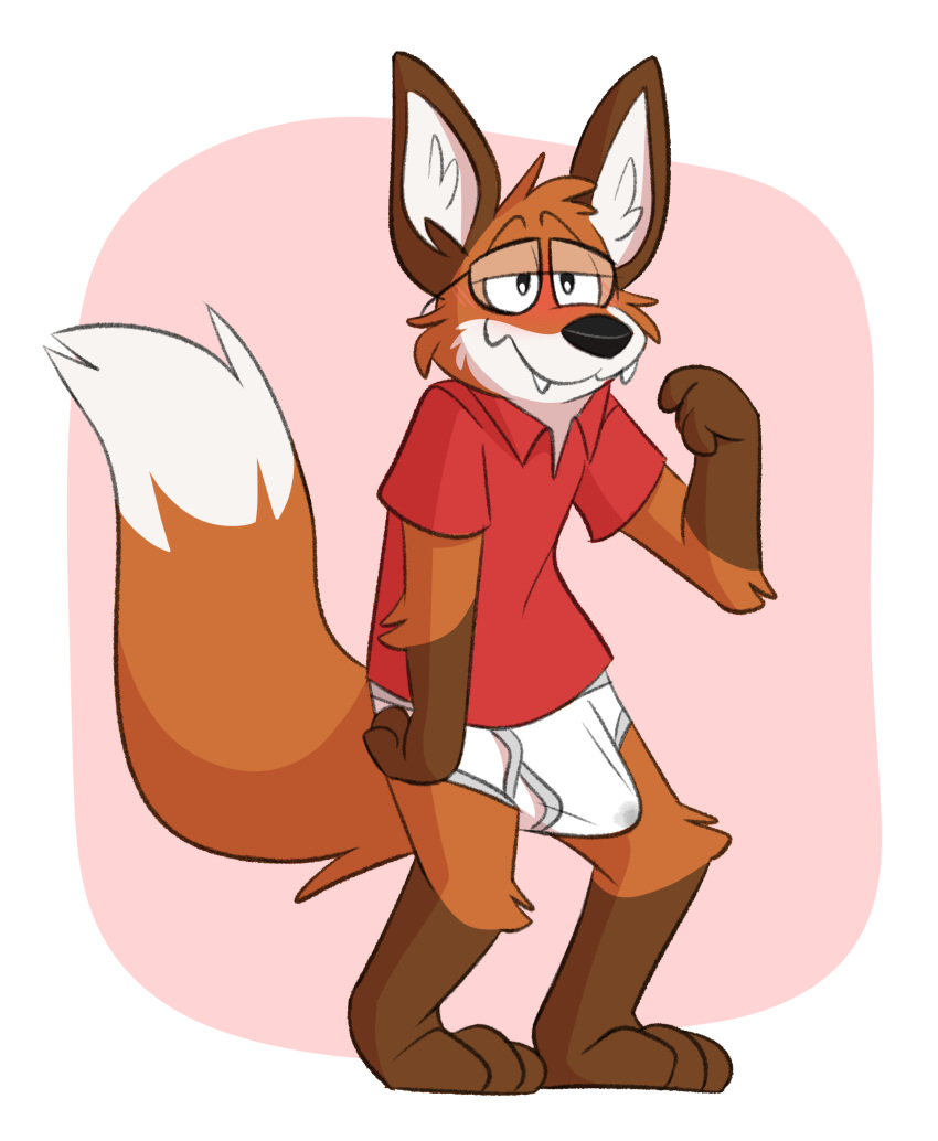 absurd_res anthro barefoot black_nose bodily_fluids briefs brown_body brown_fur clothing detailed_background erection_in_underwear eyewear feet fur geekfox_(character) genital_fluids glasses half-closed_eyes hi_res male mushketeery narrowed_eyes orange_body orange_fur precum red_clothing red_shirt red_topwear shirt smile solo teeth_showing tented_briefs tighty_whities topwear underwear white_body white_briefs white_clothing white_fur white_underwear