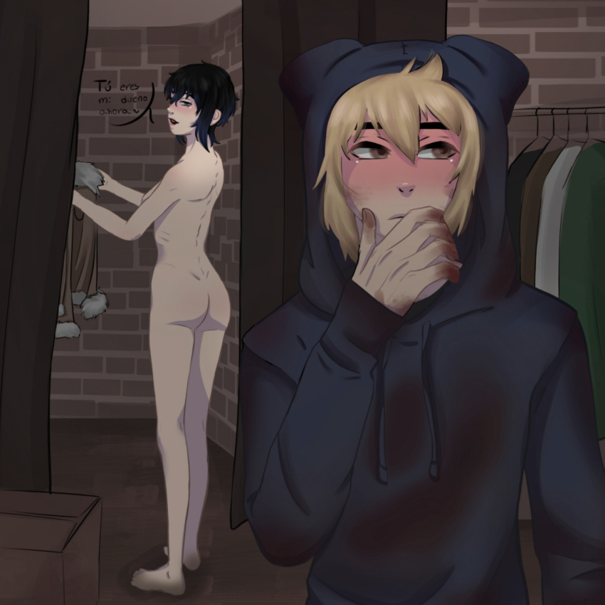 1boy1girl black_hair blonde_male blue_eyes blue_hair blush brown_eyes coat el_diario_de_jonathan estelamt female hoodie indoors jonathan_almendair lips male nude nude_female selene_(eddj) short_hair spanish_text two_tone_hair