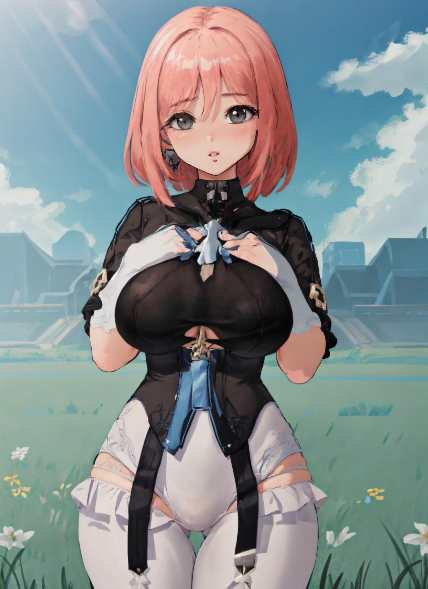 1girls ai_generated cowboy_shot grey_eyes hands_on_breasts hi_res honkai_(series) honkai_impact_3rd mabi_ai pink_hair short_hair thick_thighs thigh_gap timido_cute