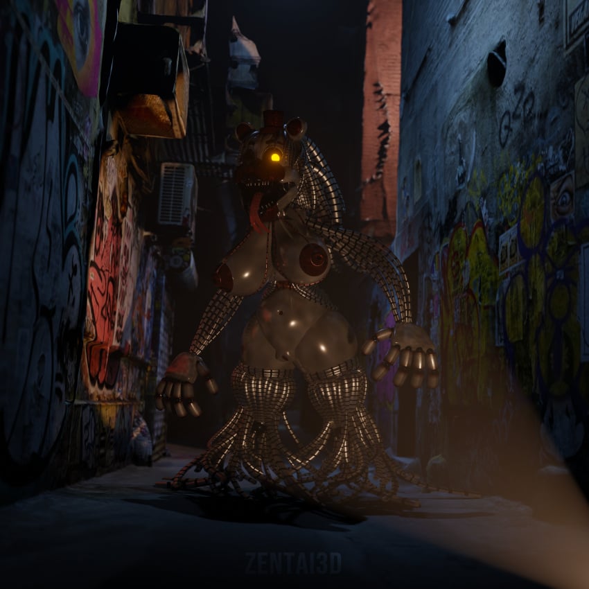 3d 3d_(artwork) alley alleyway ambiguous_pov animatronic bear bear_ears big_breasts blender blender_(software) blender_eevee female female_only five_nights_at_freddy's flashlight fnaf freddy_fazbear's_pizzeria_simulator glowing_eyes huge_breasts imminent_rape imminent_sex large_breasts living_machine long_hair looking_at_viewer metal_hair metallic_body molten_freddy naked night nude pov robot robot_girl rule_63 snake_tongue tophat wire wires yellow_eyes zentaisfm