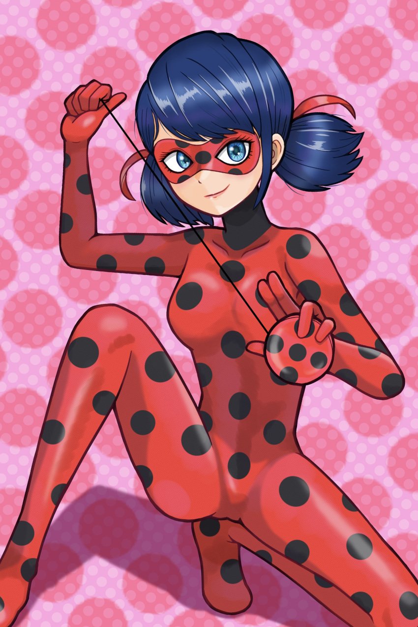 1girls 2020s 2022 2d 2d_(artwork) 5_fingers blue_eyes blue_hair bodysuit cameltoe closed_mouth clothing detailed_eyes domino_mask eye_mask eyes female female_only hi_res holding_object ladybug_(character) light-skinned_female light_skin marinette_dupain-cheng medium_breasts miraculous:_tales_of_ladybug_and_cat_noir miraculous_ladybug open_eyes pattern_clothing rugusu_lee smile solo superheroine tf1 tight_clothing