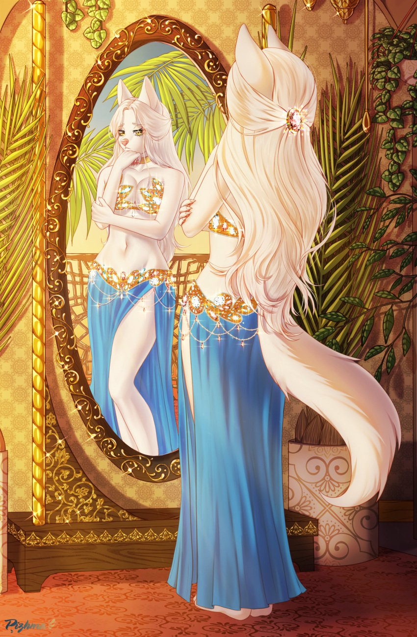 anthro belly_dancer belly_dancer_outfit blonde_hair cleavage dog_ears dog_girl dog_tail furry harem_girl harem_outfit jackal_ears large_breasts long_hair mirror original_character original_characters pizhma yellow_eyes