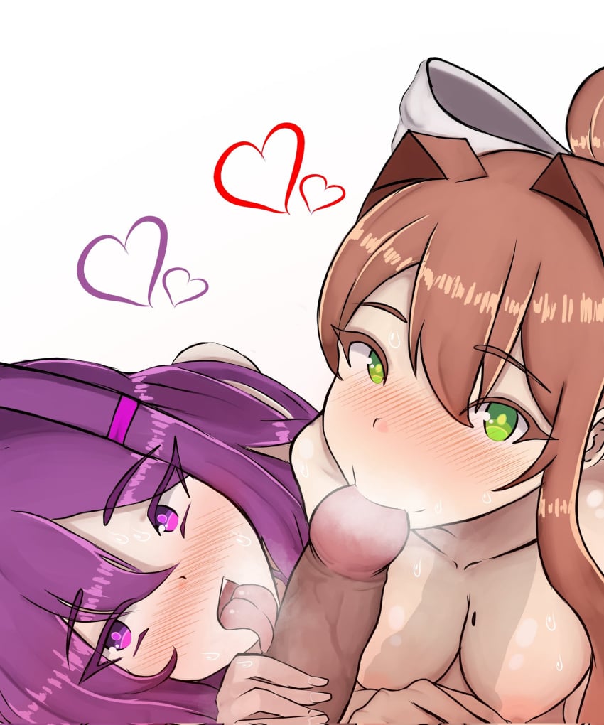 1boy 2girls artemitzuki_(artist) blowjob blush blushing breasts brown_hair dark-skinned_male dark_skin doki_doki_literature_club female ffm_threesome green_eyes heart hearts interracial long_hair male monika_(doki_doki_literature_club) multiple_girls open_mouth penis purple_eyes purple_hair sucking sucking_penis sucking_tip tongue tongue_out white_background yuri_(doki_doki_literature_club)