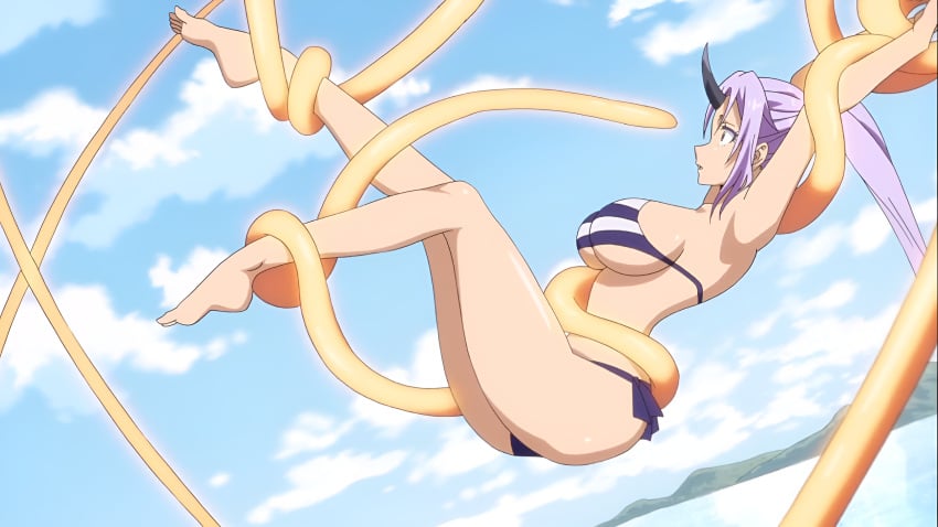 1girls about_to_be_raped ass bikini breasts horn imminent_rape imminent_tentacle_rape imminent_tentacle_sex large_breasts light_purple_hair looking_at_tentacle monster_girl official_art purple_hair screencap screenshot shion_(tensei_shitara_slime_datta_ken) suspended_in_midair tensei_shitara_slime_datta_ken tentacle that_time_i_got_reincarnated_as_a_slime thighs tied_up tied_up_female