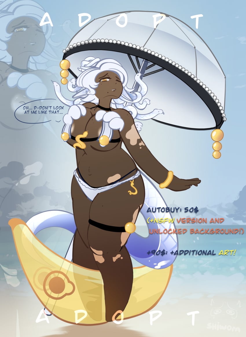 1girls adoptable banana beach big_breasts bikini choker dark-skinned_female dark_skin female grabbing_breasts mole_on_breast mole_on_shoulder mole_on_thigh mole_under_eye mole_under_mouth mommy_kink one_eye_closed price shiworara shy snake snake_girl snake_hair snake_tail tear text thick_thighs umbrella vitiligo white_hair yellow_eyes