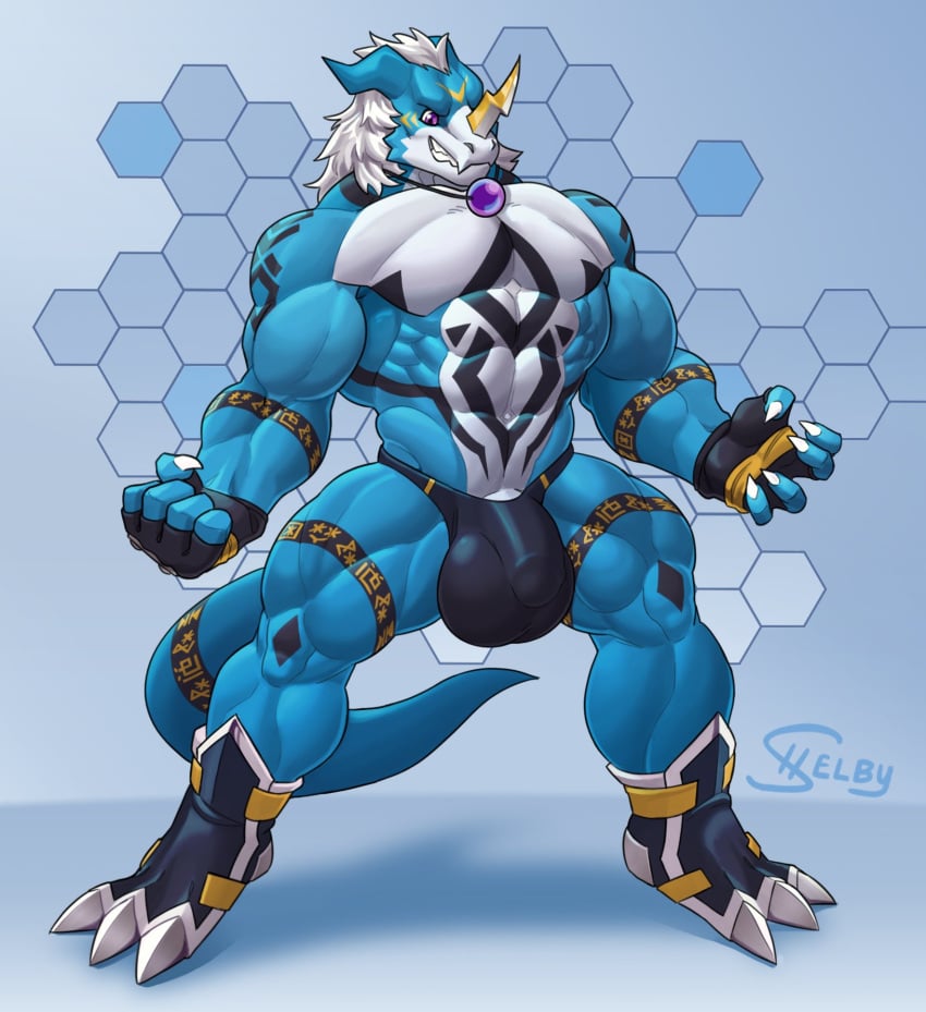 abs anthro balls big_balls big_bulge big_muscles bulge claws digimon gloves hair horn horns male male_only markings muscular muscular_male necklace pecs penis_outline posing scalie shelbyyorda solo solo_male underwear