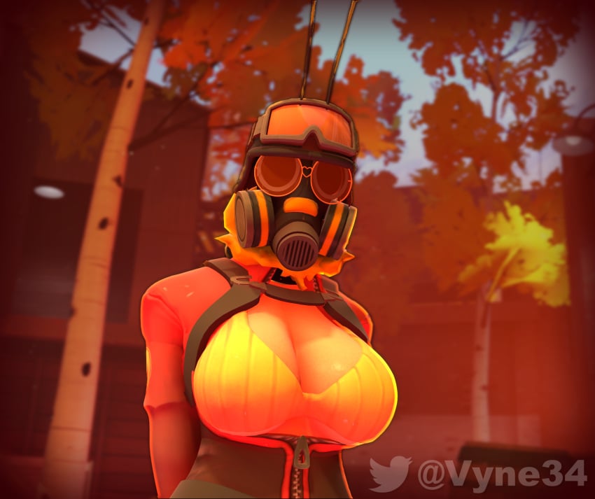 1girls 3d 3d_(artwork) bee big_breasts bodysuit bra costume fempyro gas_mask glasses goggles goggles_on_forehead goggles_on_head image looking_at_viewer pose poster round_glasses source_filmmaker team_fortress_2 unzipped unzipped_bodysuit vyne yellow_bra yellow_underwear