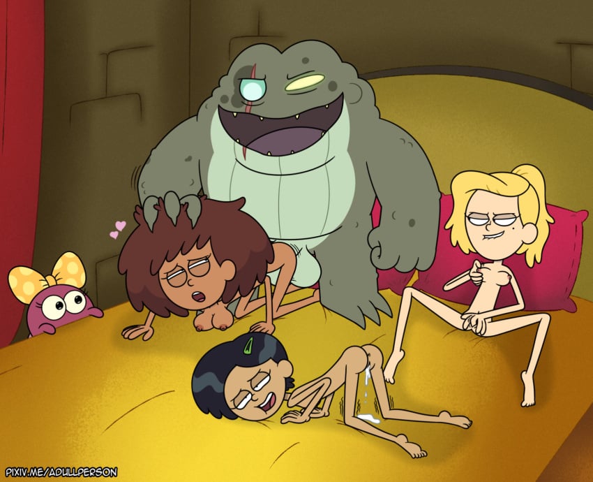 accessory accurate_art_style adullperson amphibia amphibia_(series) amphibian anne_boonchuy anthro beauty_mark bed black_hair blonde_hair bodily_fluids breasts brown_hair captain_grime cum cum_in_pussy cum_inside disney disney_channel disney_xd doggy_style female fingering frog from_behind_position fucked_silly furniture gangbang genital_fluids green_body green_skin group group_sex hair hair_accessory hairclip hand_on_head heart hi_res human human_on_anthro interspecies leaking_cum male male/female mammal marcy_wu masturbation nude polly_plantar ponytail reverse_gangbang sasha_waybright scar sex smile toad_(frog)