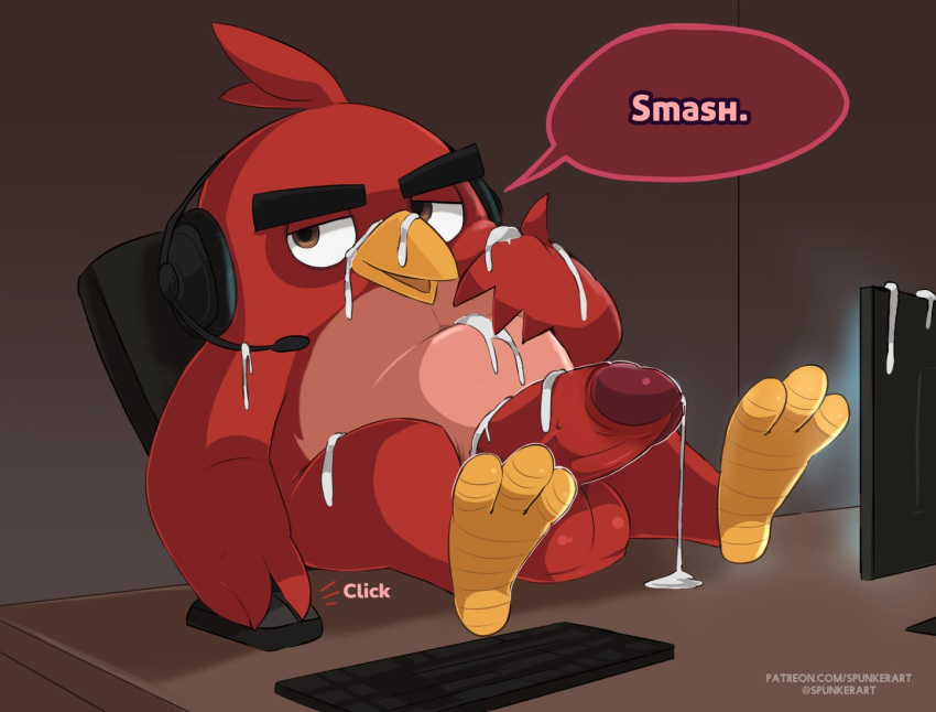 angry_birds anthro avian balls big_balls big_penis bird bodily_fluids columbia_pictures computer cum cum_drool cum_everywhere erection eyebrows feathers feet genital_fluids genitals headphones keyboard looking_at_viewer male male_only messy penis red_(angry_birds) red_body red_feathers rovio rovio_animation rovio_entertainment sega smash_or_pass solo solo_male sony spunkerart text the_angry_birds_movie