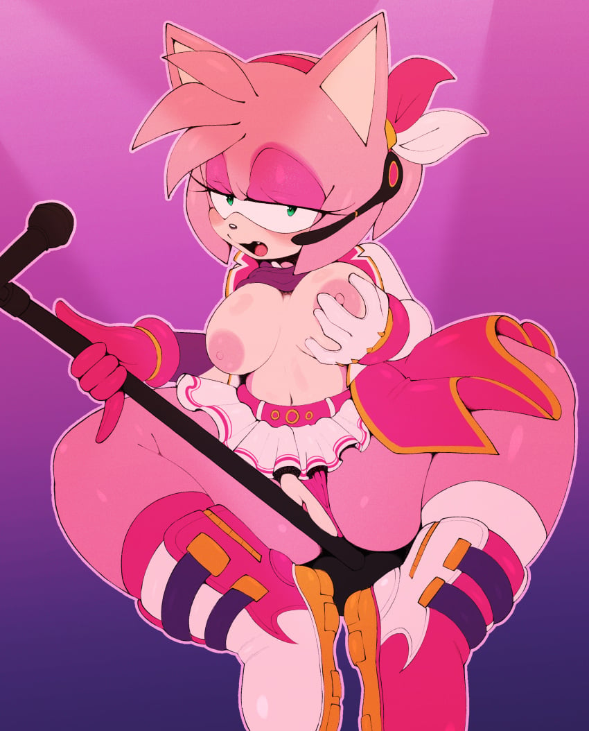 absurd_res amy_rose anthro blush breasts clothed clothing eulipotyphlan female footwear fur genitals gloves green_eyes hair handwear hedgehog hi_res mammal nipples open_mouth pink_body popstar_amy pussy sega simple_background sinrizuki solo sonic_(series) sonic_the_hedgehog_(series)