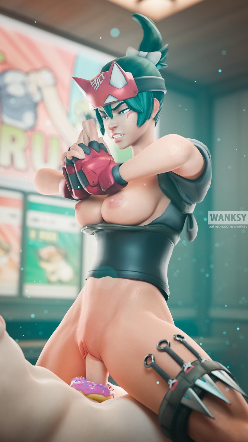 1boy 1girls 3d angry blender_(software) donut erection fingerless_gloves gloves green_eyes green_hair kiriko_(overwatch) mask_on_head overwatch overwatch_2 sex straight vaginal vaginal_penetration wanksy