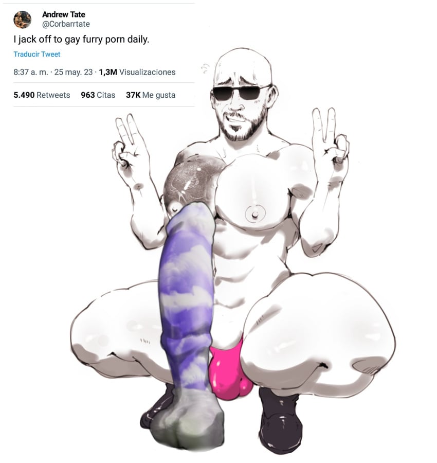 1boy abs andrew_tate bald bald_man beard bottom dildo giant_dildo glasses hi_res male male_focus male_only man_im_gonna_kms monochrome muscles muscular muscular_male paldraws pecs pink_thong sex_toy shitpost shoes sigma_male solo tattoo thong underwear what