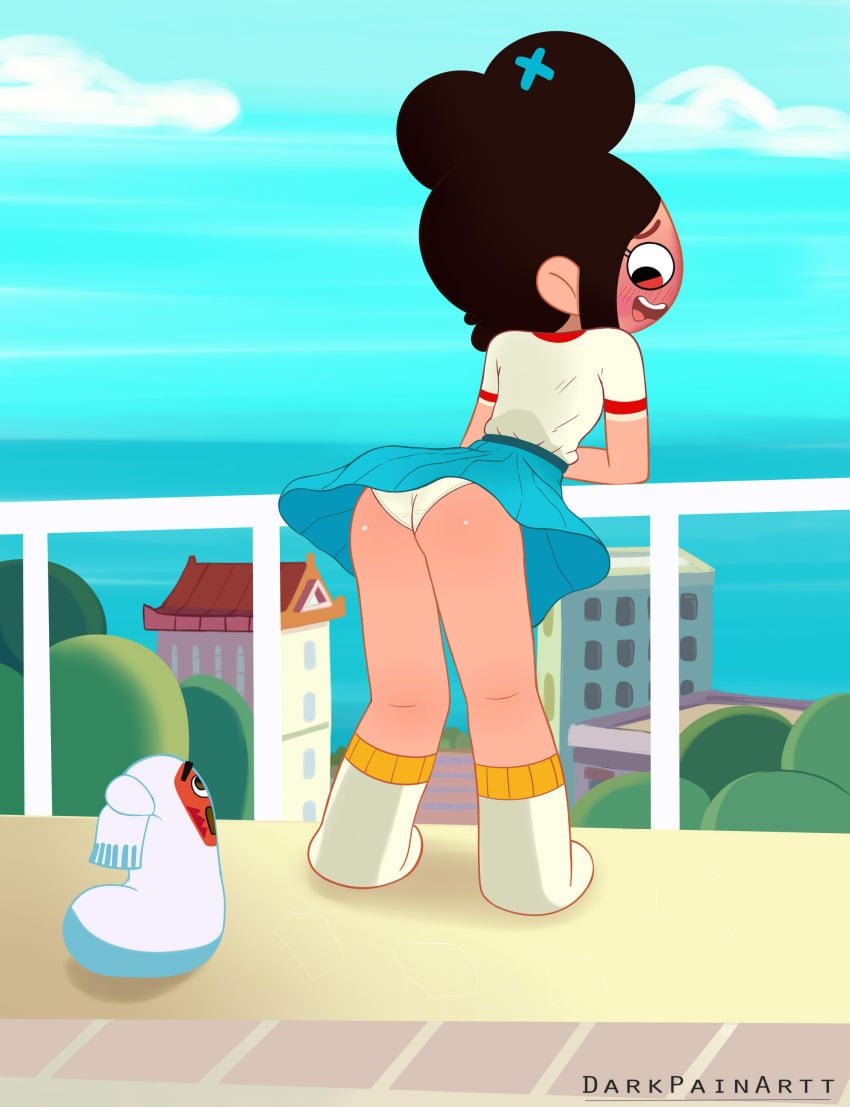 1boy 1girls aged_up ass background black_hair blue_sky blush blushed darkpainartt discovery_kids first_porn_of_character house kung_fu_wa! legs light-skinned_female master_kicko sky socks tee_zeng teenager tree underwear