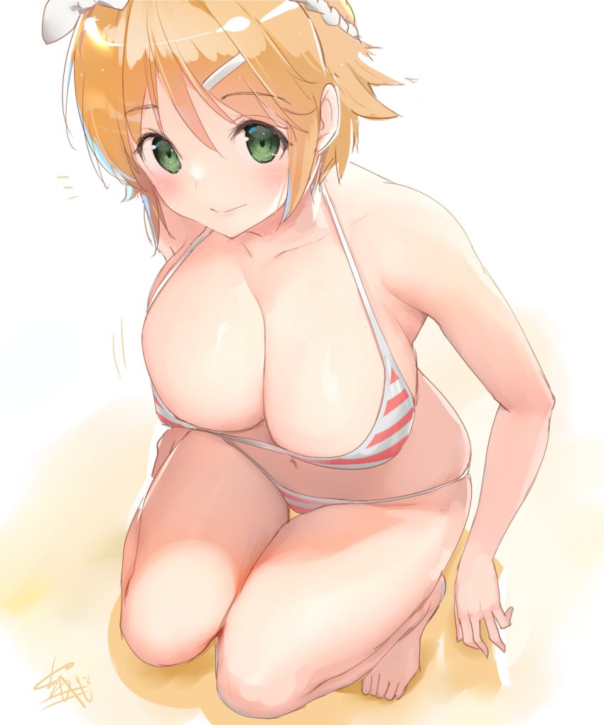 1girls 2023 big_breasts blush bust busty crouching feet green_eyes hair_ornament hairclip hanabi_(senran_kagura) huge_breasts legs looking_at_viewer marvelous orange_hair senran_kagura smile swimsuit thighs toes underwear white_background yaegashi_nan