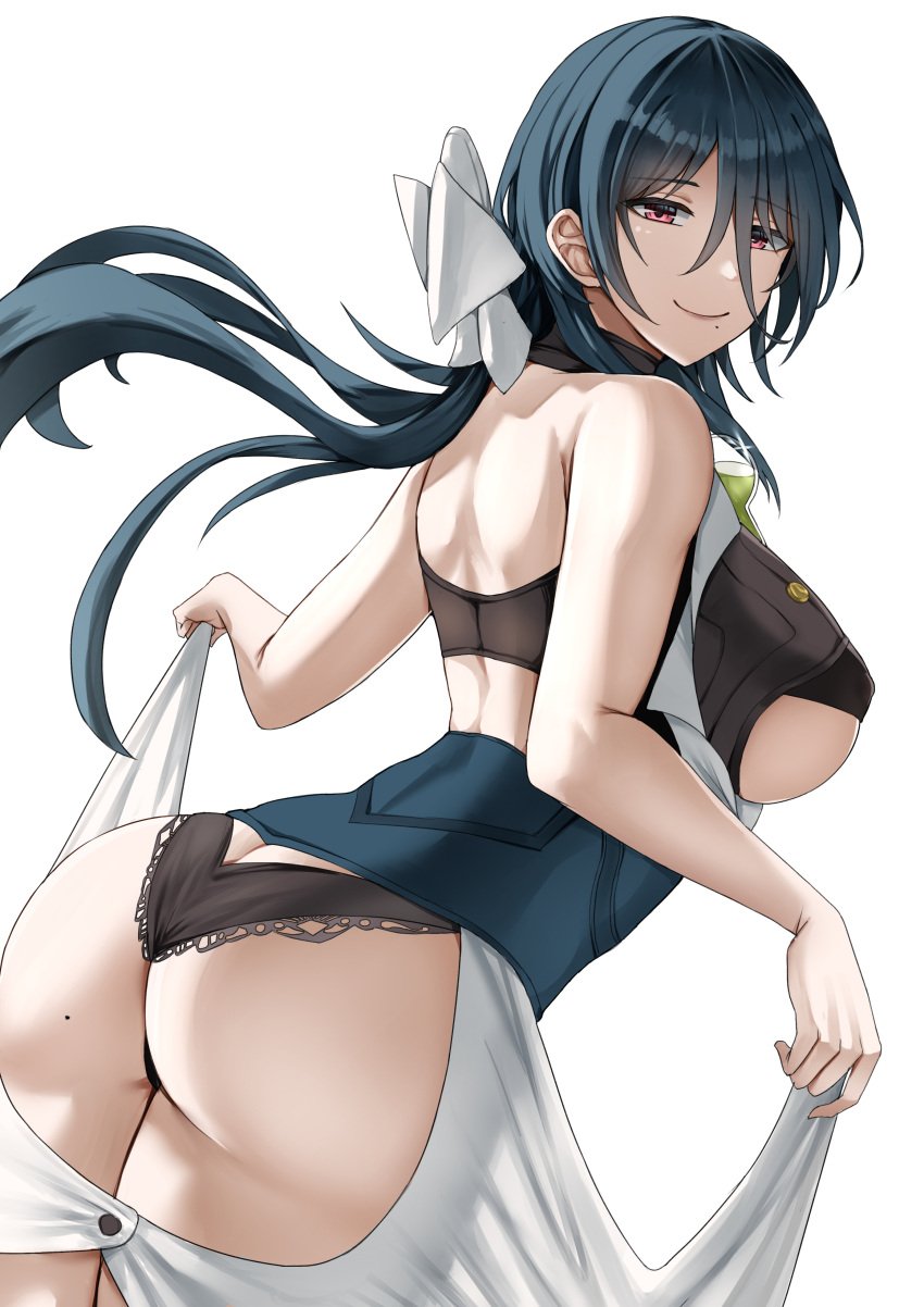 1girls absurdres ass bangs bare_shoulders beauty_mark beauty_mark_on_ass big_ass big_breasts black_panties blue_hair breasts butt clothes dat_ass doctor eyelashes female fringe hair_between_eyes hair_over_one_eye highres honkai:_star_rail honkai_(series) labcoat large_breasts legs_together light-skinned_female light_skin lingerie long_hair long_ponytail looking_at_viewer looking_back mchiefy natasha_(honkai:_star_rail) necklace nurse pale-skinned_female panties pendant petite pink_eyes ponytail purple_eyes red_eyes seductive seductive_eyes seductive_look sideboob sidelocks simple_background skin_tight smile solo standing thick_thighs turquoise_hair underboob underwear undressing white_background