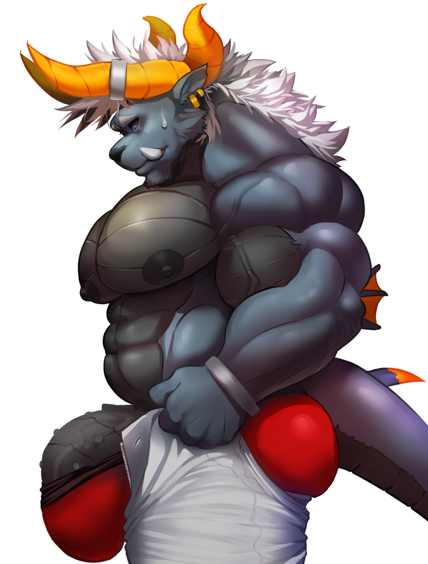 2023 anthro ass behemoth_(ff) big_abs big_biceps big_nipples big_pecs big_penis black_body black_skin blue_body blue_eyes blue_skin bodily_fluids bottomwear bulge clothing ear_piercing ear_ring elbow_fin facial_hair fin final_fantasy flexor_carpi genitals goatee hair hi_res horn hugothecorgo male mammal mcjick meme muscular muscular_anthro muscular_male nipples orange_horn pants pecs penile_spines penis piercing red_clothing red_underwear ring_piercing sideburns solo square_enix sweat tail_spines tight_pants_(meme) triceps tusks underwear vein veiny_muscles white_bottomwear white_clothing white_hair white_pants wristband