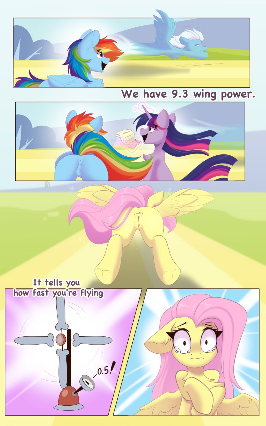 absurd_res anus blue_body blue_feathers blush comic dialogue english_text equid equine feathers female feral fluttershy_(mlp) friendship_is_magic genitals hasbro hi_res horn kebchach keetch10 mammal my_little_pony pegasus pussy rainbow_dash_(mlp) text twilight_sparkle_(mlp) unicorn wings yellow_body yellow_feathers