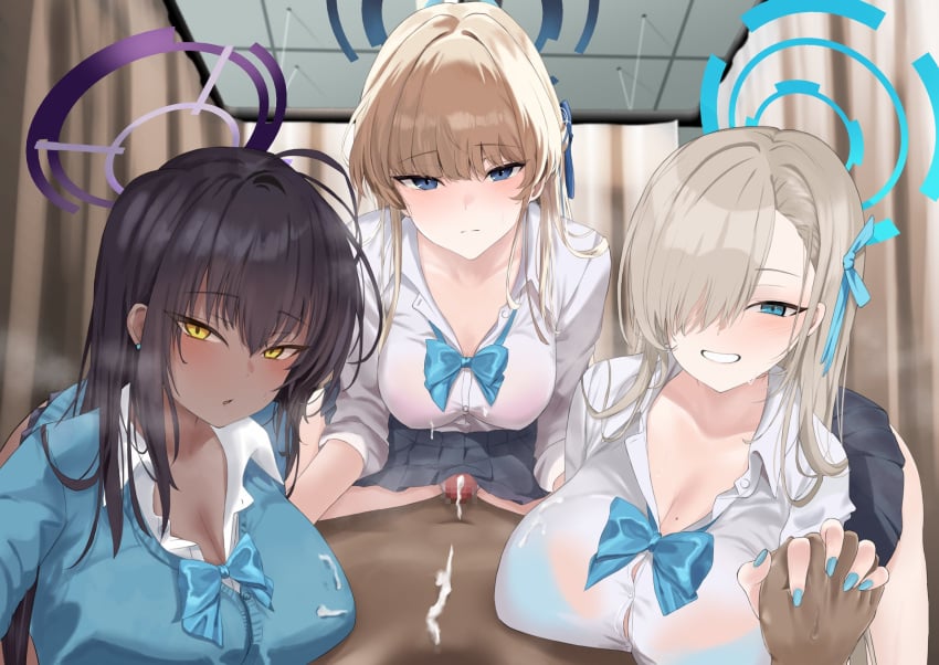 1boy 3girls aqua_nails asuna_(blue_archive) black_hair blonde_hair blue_archive blue_eyes blush bow bowtie breasts cardigan censored cleaning_&_clearing_(blue_archive) cleavage clothed_female_nude_male collarbone cum dark-skinned_female dark-skinned_male dark_skin everchix fffm_foursome foursome grin gyaru hair_over_one_eye halo highres holding_hands interlocked_fingers karin_(blue_archive) large_breasts light-skinned_female light_skin long_hair long_sleeves looking_at_viewer millennium_science_school_student mole mosaic_censoring multiple_girls penis pleated_skirt pov ribbon school_uniform shirt skirt smile sweat toki_(blue_archive) yellow_eyes