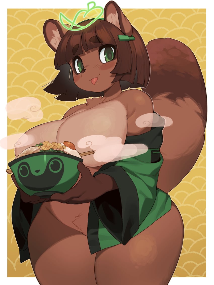 1girls 3:4 absurd_res anthro big_breasts blep blunt_bangs breasts brown_body brown_fur canid canine curvy female female_only food fur green_eyes hi_res kaeritai07 kemono mammal raccoon_dog solo tanuki thick_thighs tongue tongue_out voluptuous wide_hips