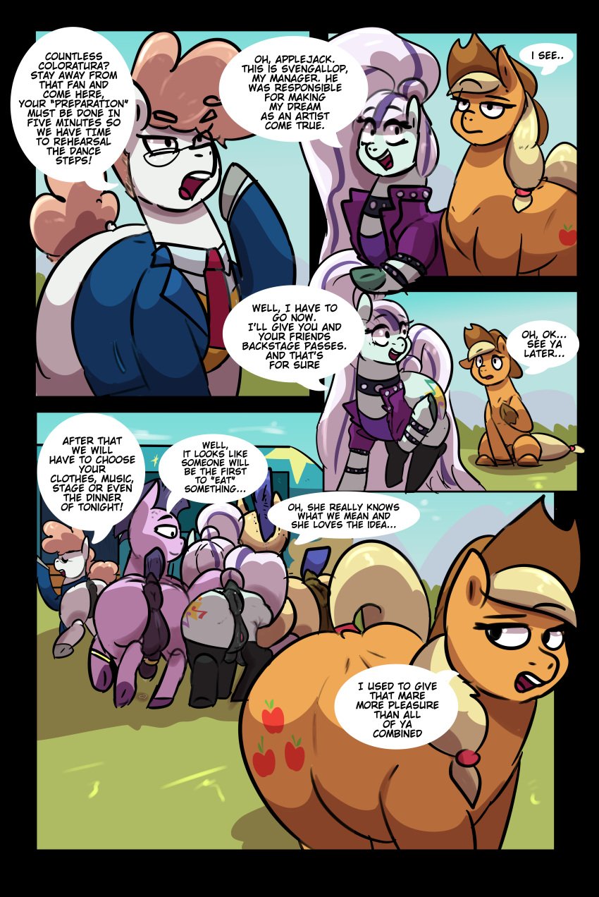 absurd_res anus applejack_(mlp) azulejo balls clothed clothed_feral clothing coloratura_(mlp) comic cowboy_hat detailed_background dialogue english_text equid equine eyewear female feral friendship_is_magic genitals glasses hair hasbro hat headgear headwear hi_res male mammal my_little_pony pussy svengallop_(mlp) svengallop_(mlp) text