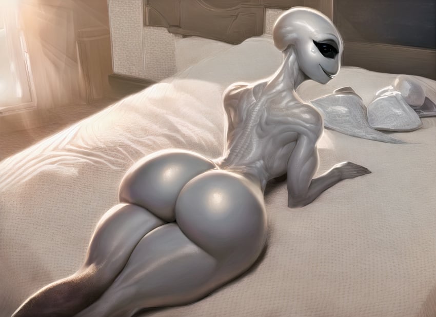 1girls ai_generated alien alien_girl alien_humanoid ass ass big_ass big_butt black_eyes creature dat_ass digital_media_(artwork) extraterrestrial female female_only grey_skin huge_ass huge_butt humanoid inviting inviting_to_sex looking_at_viewer looking_back nai_diffusion no_pupils prone smile smiling smiling_at_viewer stable_diffusion thick_ass thick_thighs wide_hips