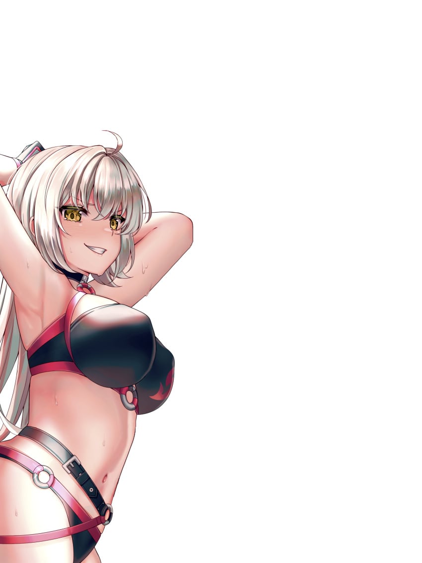 1girls armpits arms_behind_head big_breasts bikini busty cleavage confident fate/grand_order fate_(series) grey_hair jeanne_alter jeanne_alter_(swimsuit_berserker) jeanne_d'arc_(alter_swimsuit_berserker) large_breasts legs long_hair looking_at_viewer navel pose posing sensual sexy_armpits smile thighs voluptuous yellow_eyes