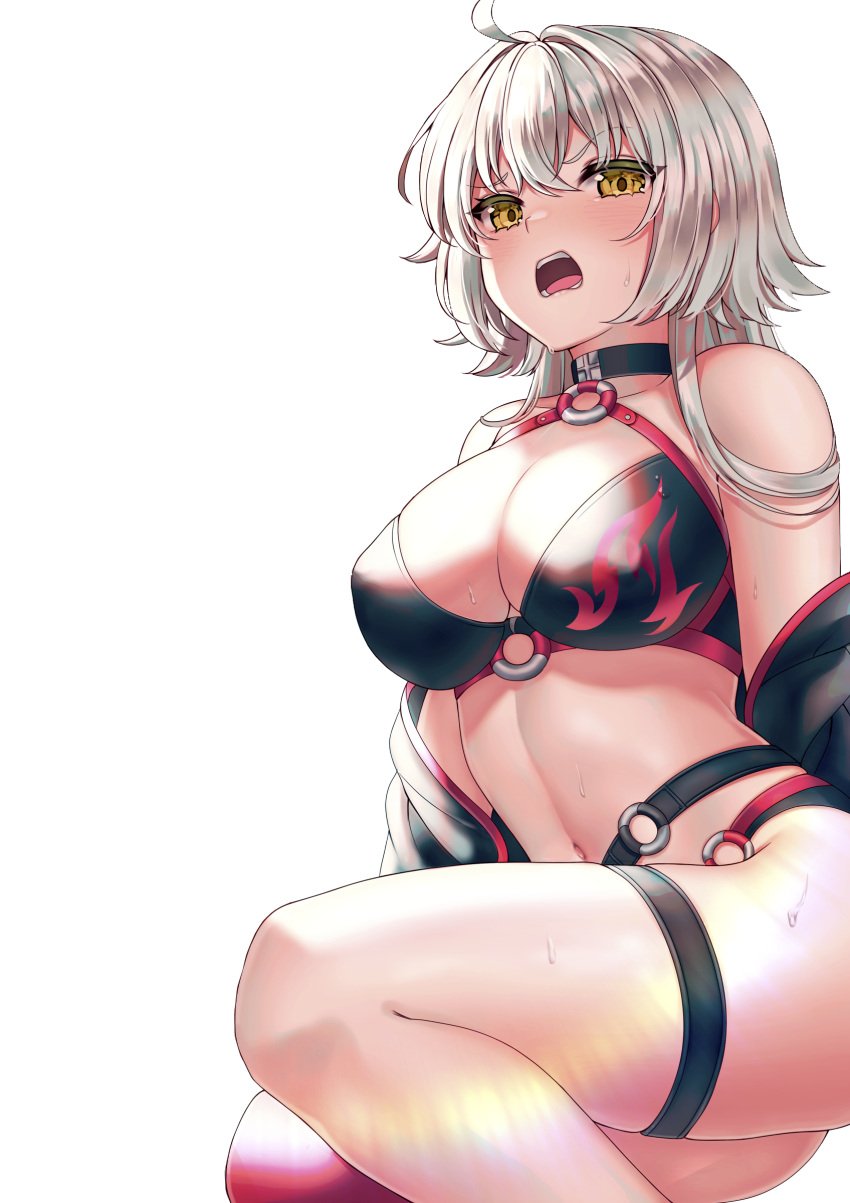 1girls big_breasts bikini busty cleavage fate/grand_order fate_(series) grey_hair jeanne_alter jeanne_alter_(swimsuit_berserker) jeanne_d'arc_(swimsuit_archer) large_breasts legs long_hair looking_at_viewer navel open_mouth sitting sweat thighs voluptuous yellow_eyes