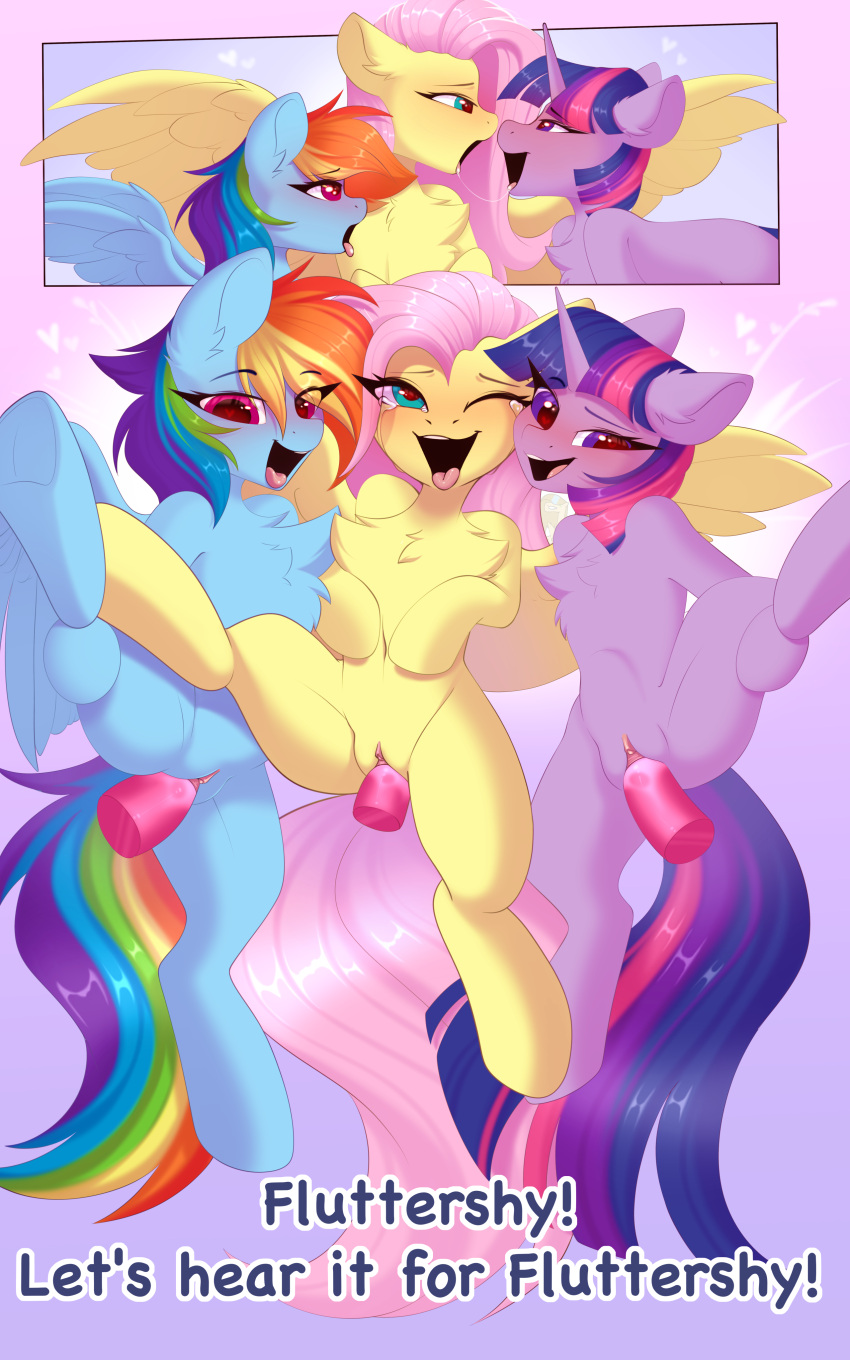 absurd_res blue_body blue_feathers blush bodily_fluids chest_tuft comic dialogue dildo dildo_in_pussy dildo_insertion english_text equid equine feathers female female/female feral fluttershy_(mlp) friendship_is_magic genital_fluids genitals group hasbro hi_res kebchach keetch10 mammal my_little_pony pegasus penetration purple_body purple_feathers pussy pussy_juice rainbow_dash_(mlp) sex_toy sex_toy_in_pussy sex_toy_insertion text threesome trio tuft twilight_sparkle_(mlp) unicorn vaginal_penetration wings yellow_body yellow_feathers yuri