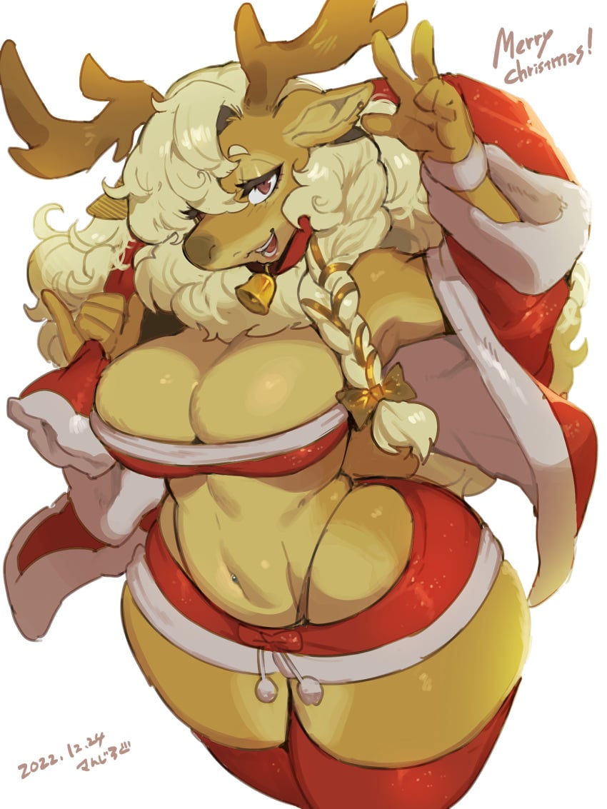 2022 3:4 anthro antlers bandeau bell bell_collar big_breasts blonde_hair bottomwear braided_hair breasts brown_body capreoline christmas christmas_clothing cleavage clothed clothing coat collar countershading deer female gesture hair hi_res high-angle_view holding_object holidays horn hotpants kaeritai07 legwear looking_at_viewer mammal merry_christmas navel raised_hand reindeer sack shorts smile solo text thick_thighs thigh_highs thong_above_skirt thong_straps topwear v_sign wide_hips