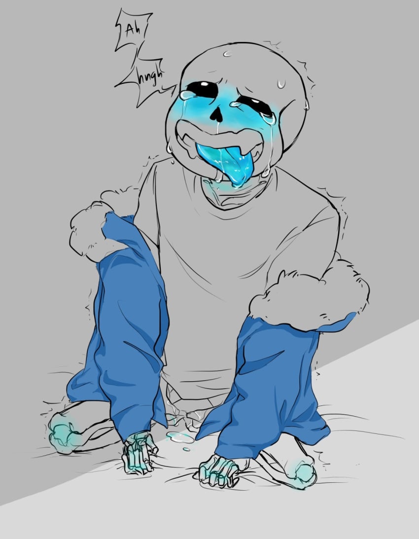 ahe_gao animated_skeleton blue_blush blue_tongue blush blushing bodily_fluids bottomless drool drooling ectotongue eli-sin-g grabbing_sheets gripping_sheets hoodie jacket_off_shoulders kneeling kolesjoie moan moaning off_shoulder pleasure_face sans skeleton solo tears tears_of_pleasure text tongue tongue_out undertail undertale undertale_(series)