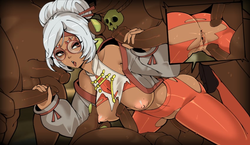 1girls 7boys 7monsters alternate_version_at_source alternate_version_available anus ass big_breasts blin_(tloz) bokoblin breasts breasts_out clothed_female clothed_female_nude_male dark-skinned_female dark_skin double_handjob dumb_witch eyewear femsub glasses handjob imminent_anal imminent_double_penetration imminent_paizuri imminent_sex imminent_vaginal interspecies large_breasts maledom medium_hair monster multiple_boys nintendo nipples nude_male open_mouth orange_eyes penis penis_grab purah purah_(tears_of_the_kingdom) pussy red-skinned_male red_skin round_glasses surrounded_by_penises sweat tears_of_the_kingdom the_legend_of_zelda tight_pants torn_clothes torn_legwear torn_pants uncensored unseen_male_face white_hair