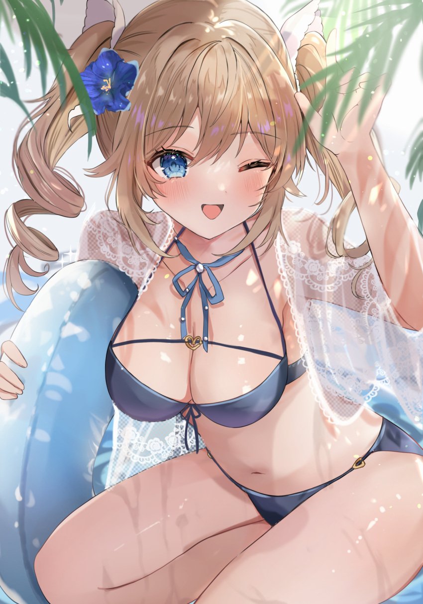 2d 2d_(artwork) barbara_(genshin_impact) beach belly_button big_breasts bikini bikini_bottom bikini_top blonde_hair blue_bikini blue_eyes blush bra breasts cleavage day flower flower_in_hair front_view genshin_impact high_resolution highres hourglass_figure hoyoverse inner_tube light-skinned_female light_skin looking_at_viewer maruro medium_breasts mihoyo navel nun on_knees one_eye_obstructed open_mouth outdoors smile smiling smiling_at_partner summer swimsuit thong thong_bikini two_piece_swimsuit water young younger_female