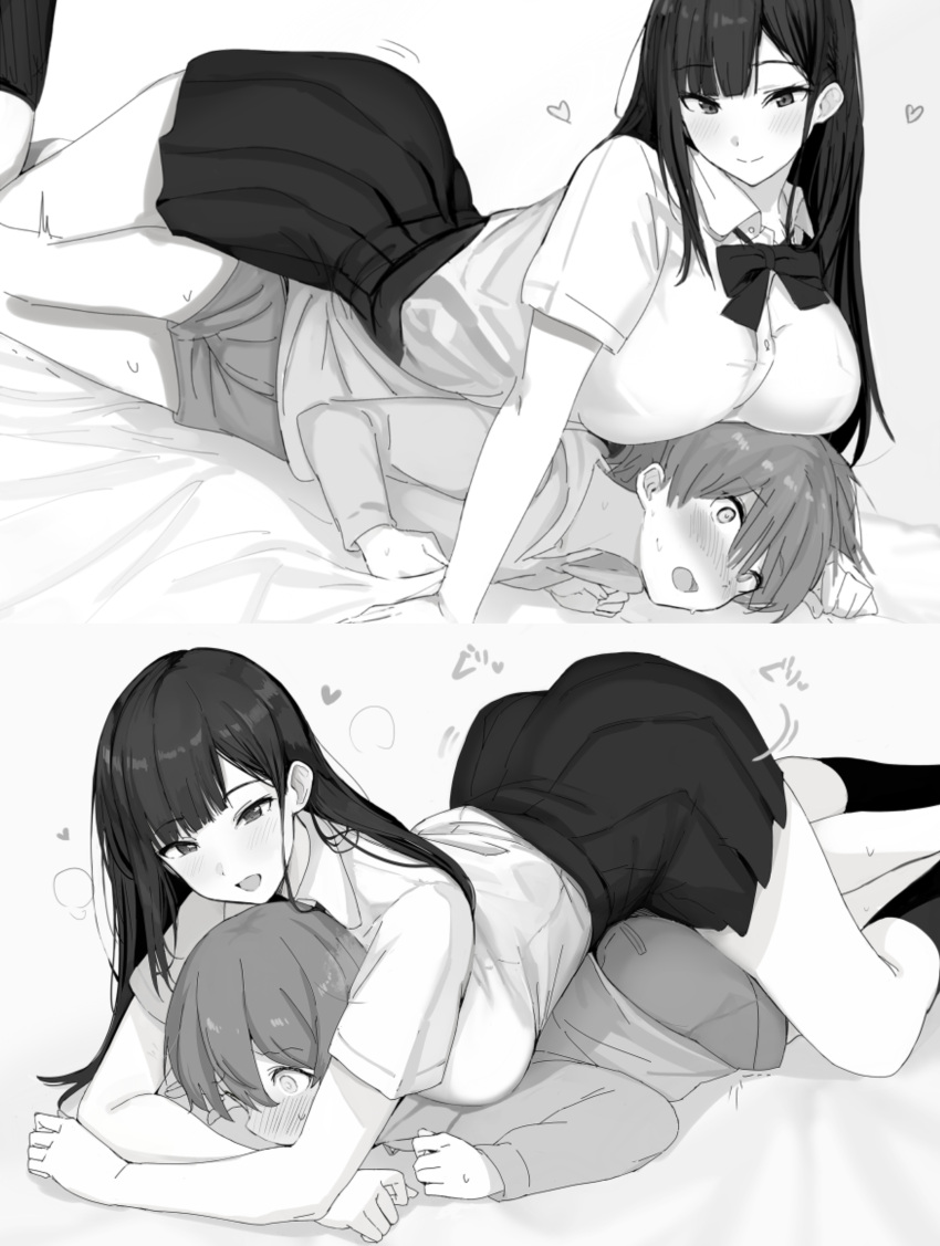 1boy 1girls ara_ara black_hair blush breast_press breasts cuddling cute femdom heart hug hugging_from_behind large_breasts lying lying_on_person original qow taller_girl