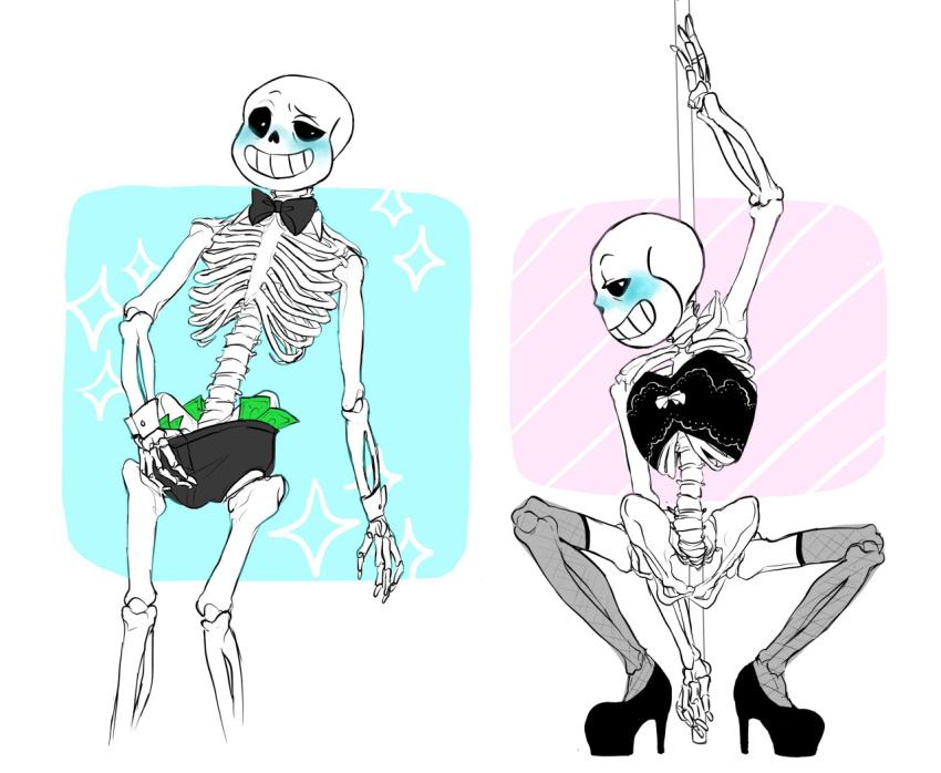 animated_skeleton banknote black_briefs black_high_heels black_underwear blue_blush blush bottomless bowtie bowtie_collar briefs crouch crouching eli-sin-g high_heels kolesjoie looking_at_viewer money money_in_underwear pole pole_dance pole_dancing sans skeleton smile smiling smiling_at_viewer solo stockings stripper stripper_pole thighhighs topless undertail undertale undertale_(series) underwear