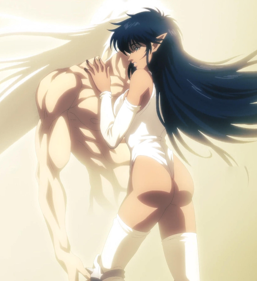 1boy 1girls arshes_nei ass bastard!! black_hair breasts clothing dark_schneider green_eyes long_hair muscular_male pointy_ears screencap shounen_jump stitched straight thighhighs thighs white_hair