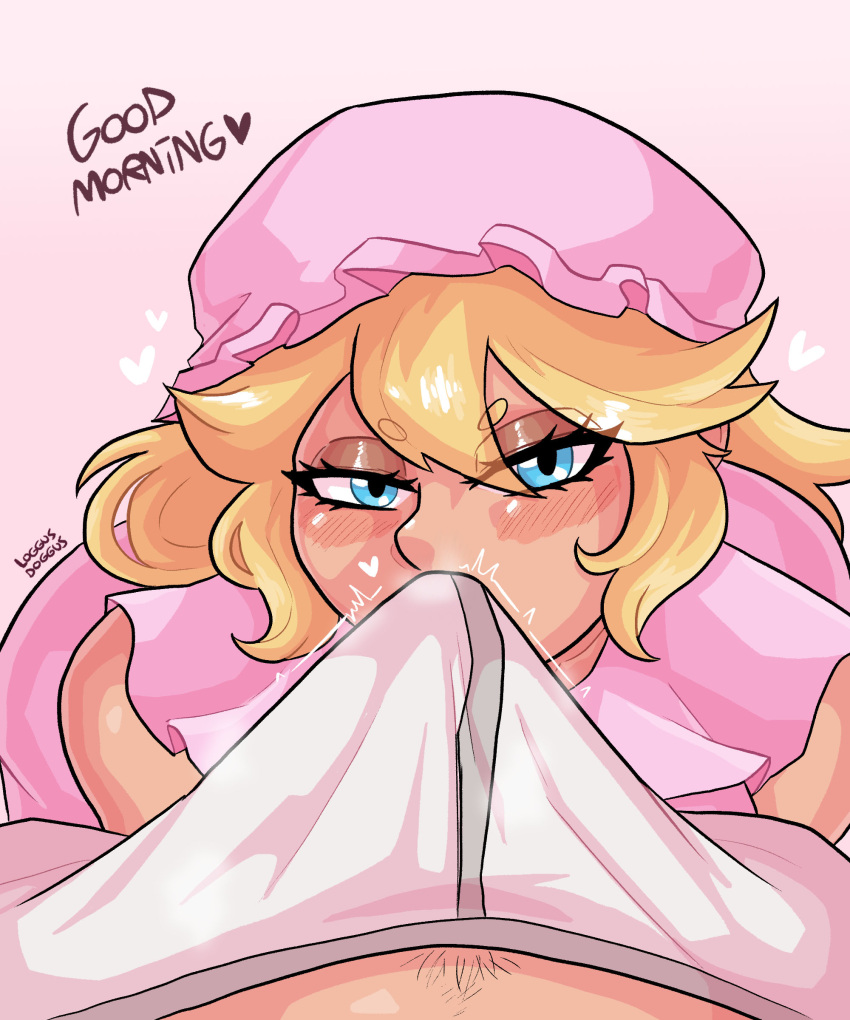 blonde_hair blush boner boner_in_pants bulge bulge_through_clothing kissing kissing_bulge loggus_doggus mario_(series) messy morning_wood night_cap nightgown nintendo princess princess_peach seductive steam steamy steamy_penis