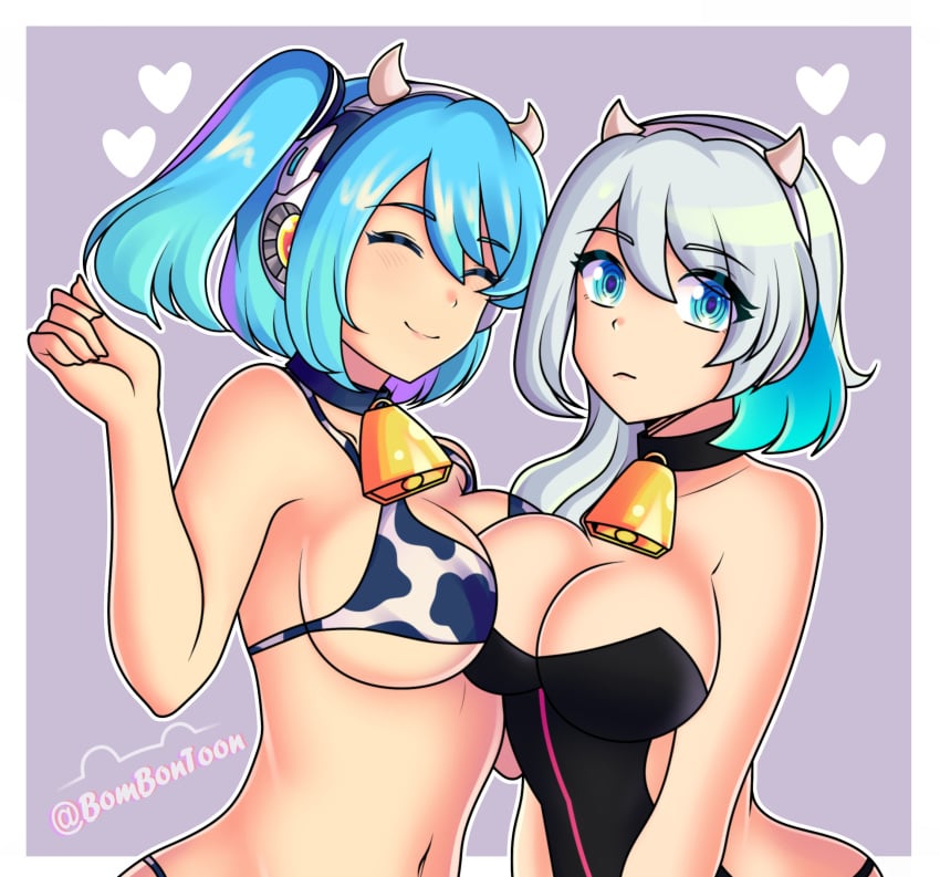 2girls asymmetrical_docking big_breasts bikini blue_hair blush breasts cow_print cow_print_bikini female female_only ico_(mega_man) mega_man mega_man_x_dive ponytail rico_(mega_man) silver_hair sisters smile swimsuit toon_scarly