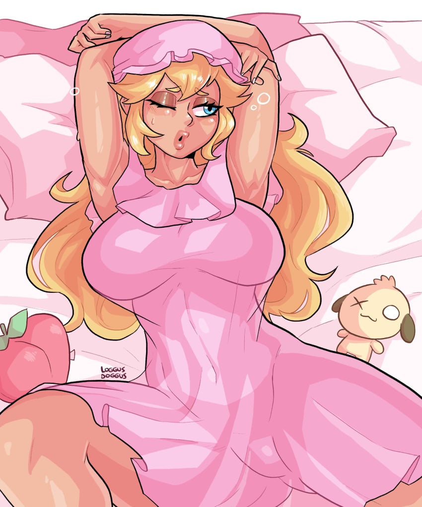 1female 1girls alternate_outfit armpits arms_behind_head arms_up bed_sheet big_breasts blonde_hair blue_eyes breasts busty covered_navel detailed detailed_background female female_focus female_only human human_only in_bed large_breasts loggus_doggus long_hair lying mario_(series) messy night_cap nightgown nintendo on_back on_bed one_eye_closed peach_(fruit) pillow plushie pose posing princess princess_peach royalty see-through see-through_clothing sensual sexy_armpits sleepwear sleepy solo solo_female solo_focus spread_legs stretching sweatdrop thick_lips waking_up yawn