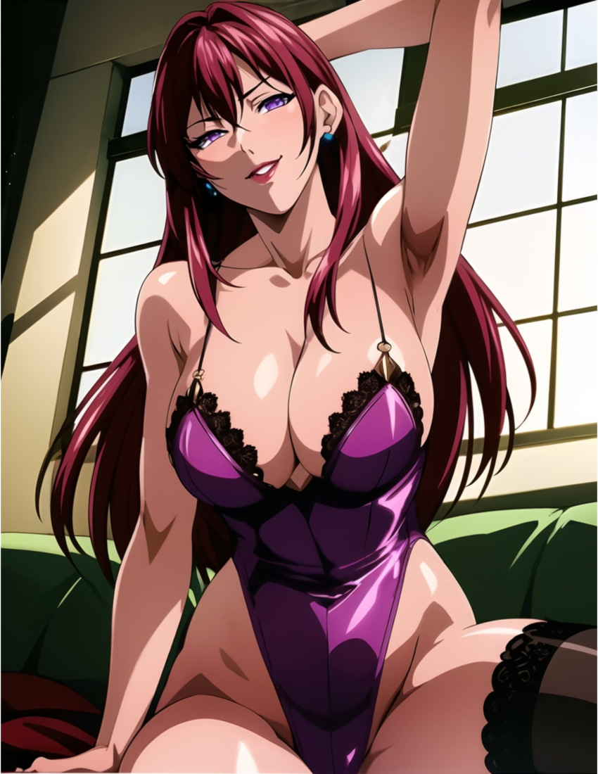 ai_generated bare_shoulders bible_black big_breasts breasts busty cjin cleavage collarbone earrings huge_breasts leotard lingerie lipstick makeup mature mature_female nai_diffusion naughty naughty_face naughty_smile oppai pose posing posing_for_the_viewer purple_eyes red_hair seducing seduction seductive seductive_eyes seductive_gaze seductive_look seductive_mouth seductive_pose seductive_smile smile stable_diffusion stockings takashiro_hiroko teacher voluptuous