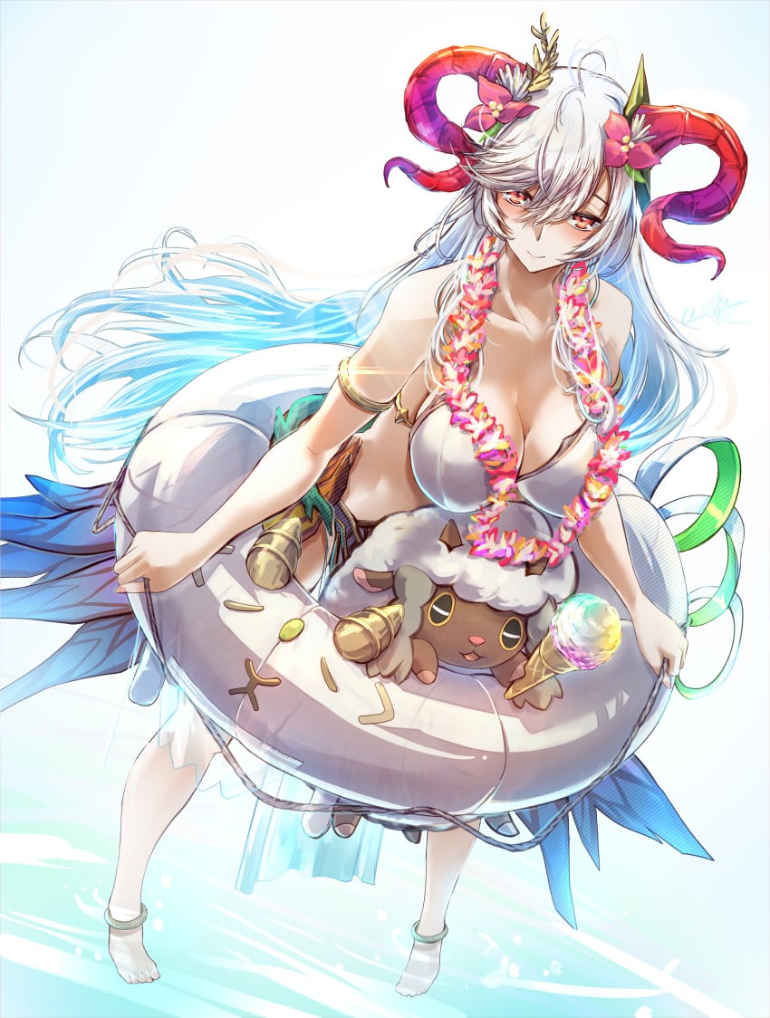 1girls absurdres alternate_costume anklet aqua_hair armlet bare_shoulders barefoot bikini breasts clear_glass_(mildmild1311) collarbone female female female_only fire_emblem fire_emblem_heroes flower flower_necklace freyja_(fire_emblem) freyja_(summer)_(fire_emblem) from_above goat_horns hair_flower hair_ornament highres holding holding_innertube horns innertube jewelry large_breasts lei long_hair looking_at_viewer nintendo official_alternate_costume partially_submerged pelvic_curtain red_eyes smile solo stuffed_animal stuffed_toy swimsuit very_long_hair water white_bikini white_hair white_innertube white_swimsuit