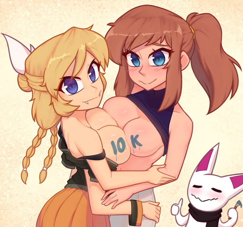 2girls 4_arms a_hat_in_time blonde_hair blue_eyes blush blushing breast_squish breasts brown_eyes brown_hair female female_only follower_celebration hair_tie happy happy_female hat_adult hat_kid large_breasts looking_at_viewer milestone_celebration multi_arm multi_limb multiple_girls nelly original ponytail purple_shirt shirt shirt_lift shirt_up shy thumbs_up tie tied_hair xyroni