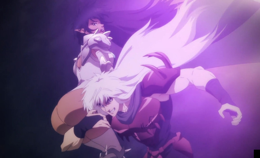 1boy 1girls armor arshes_nei ass ass_focus bastard!! black_hair breasts clothing dark-skinned_female dark_schneider dat_ass huge_ass large_ass light-skinned_male long_hair pointy_ears screencap straight thick_thighs thighhighs thighs white_hair