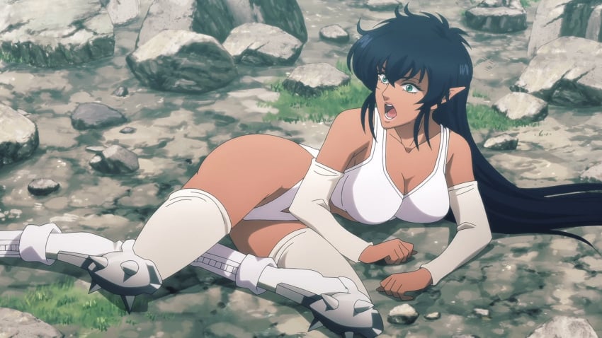 arshes_nei ass bastard!! black_hair breasts cleavage clothing green_eyes large_breasts long_hair open_mouth pointy_ears screencap shounen_jump thighhighs thighs