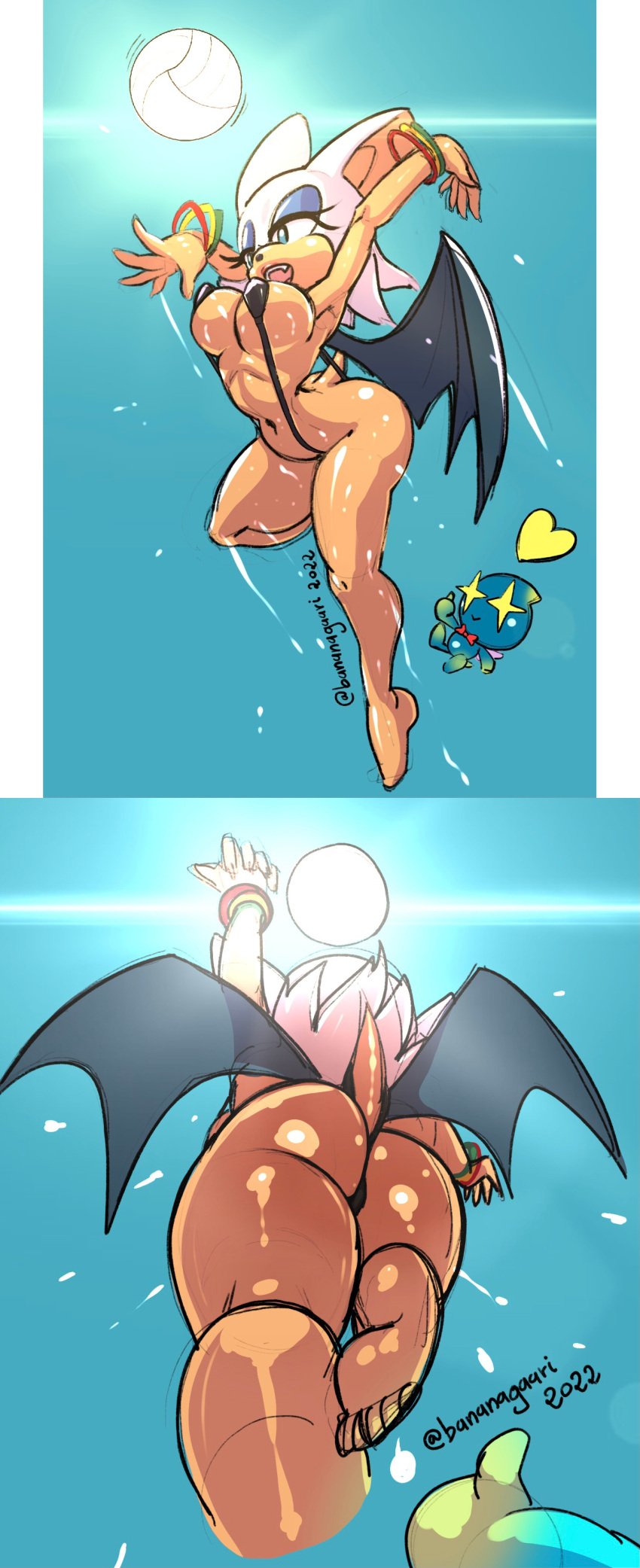 1girls 2022 2_panel_comic anthro ass bananagaari bat_wings big_ass big_breasts bikini breasts chao_(sonic) cheese_the_chao dat_ass female female_focus mobian_(species) panel panels point_of_view pov rouge_the_bat sega sling_bikini slingshot_swimsuit sonic_(series) sonic_the_hedgehog_(series) sweat sweatdrop sweating swimsuit swimwear volleyball voluptuous voluptuous_female watermark wet white_fur