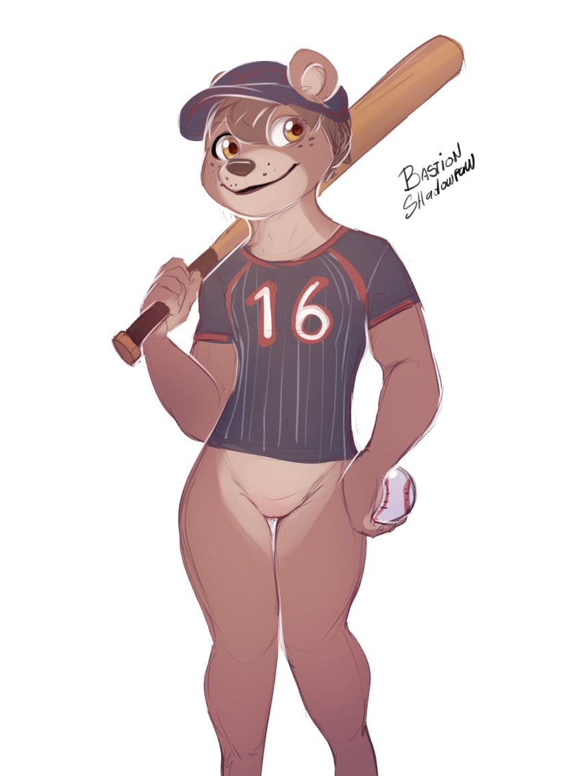 3:4 absurd_res ball baseball_(ball) baseball_bat baseball_uniform bastionshadowpaw bat_(object) bear bottomless clothed clothing female genitals hi_res jersey mammal marnie pussy solo sport sportswear uniform ursine