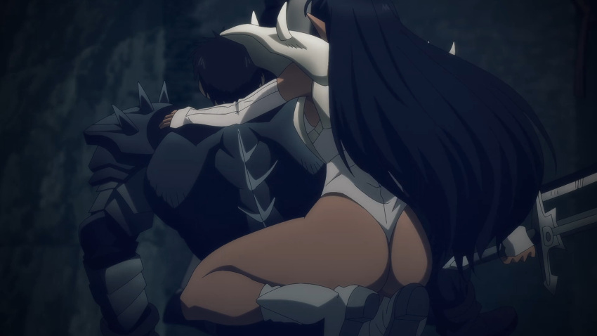 1boy 1girls arshes_nei ass bastard!! black_hair clothing holding_weapon large_ass long_hair pointy_ears screencap shounen_jump thick_thighs thighs